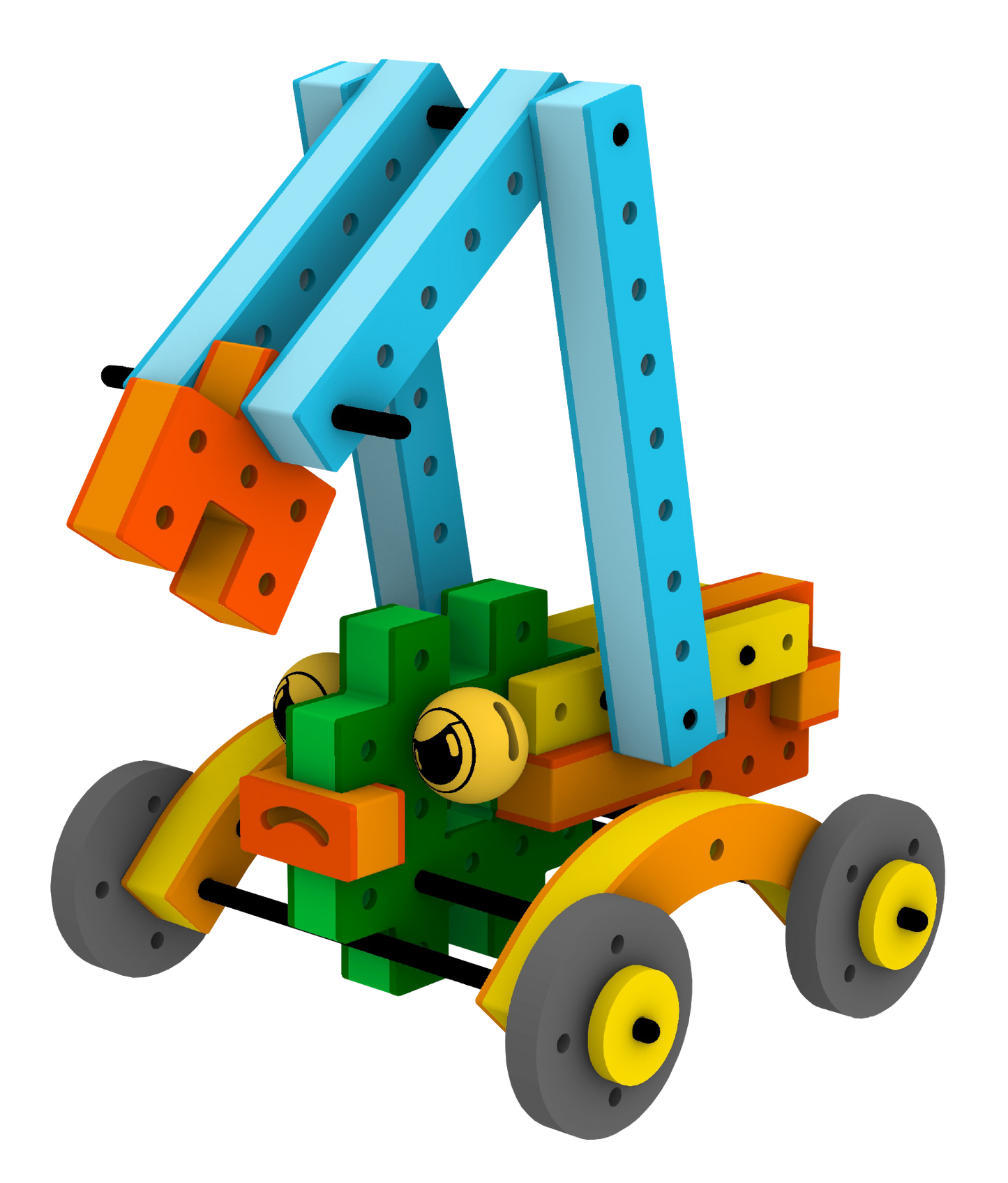 Mad BAKOBA Adventure Range crane car toy built from soft, waterproof foam blocks with a tall, adjustable hoisting arm.
