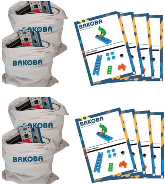 Mesh storage bag for easy machine washing up to 40°C alongside step-by-step building guides with colorful diagrams.