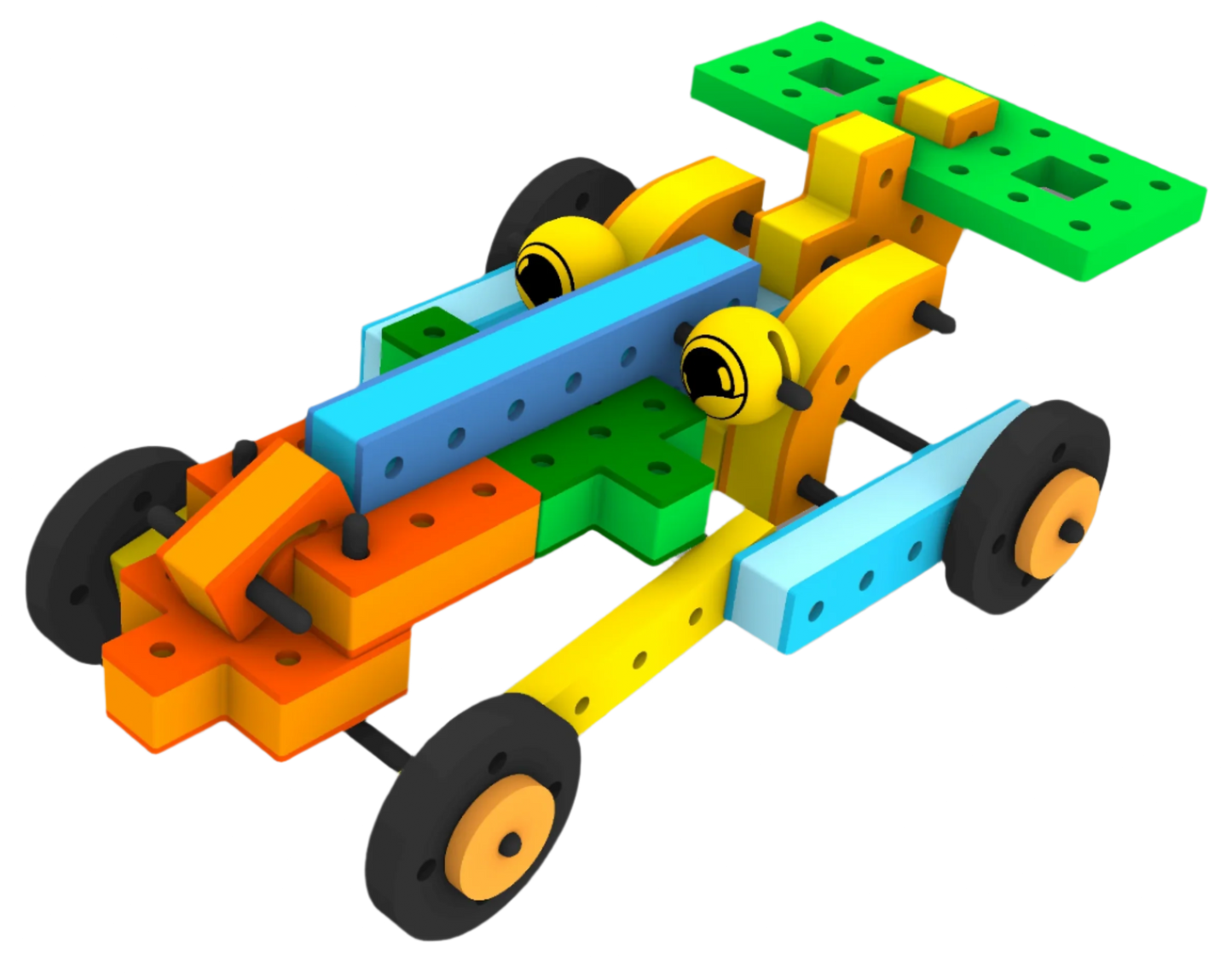 Bright colour Bakoba Adventure Range racecar toy made from soft, durable waterproof foam with black wheels and a yellow spoiler.