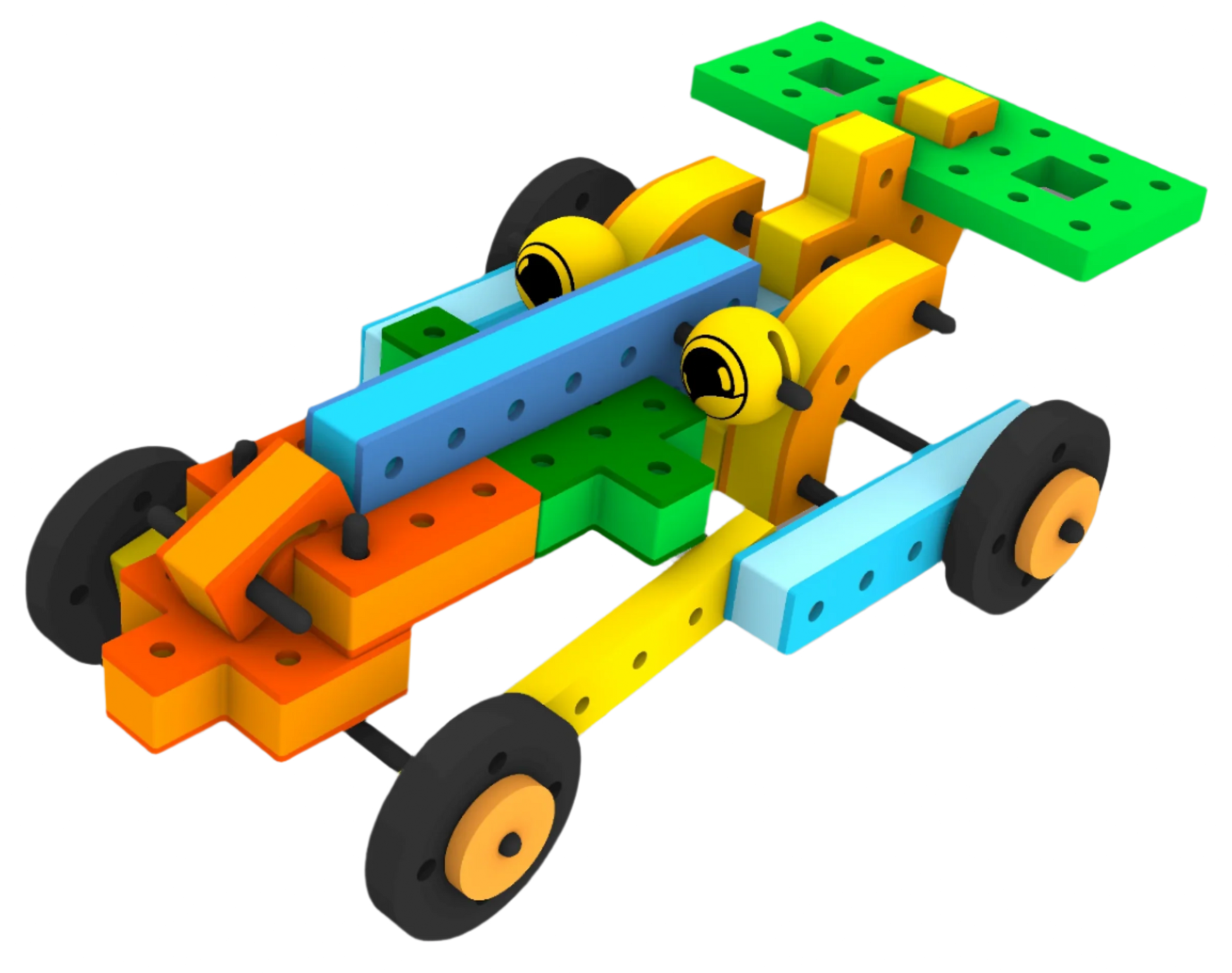 Bright colour Bakoba Adventure Range racecar toy made from soft, durable waterproof foam with black wheels and a yellow spoiler.