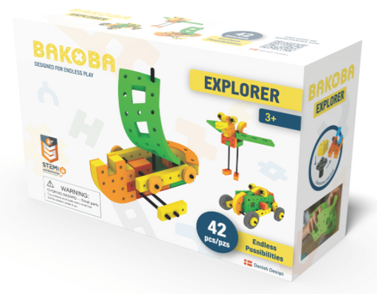 Packaging for BAKOBA Explorer construction set STEM toy with images of the toy and examples of creations made with the pieces.