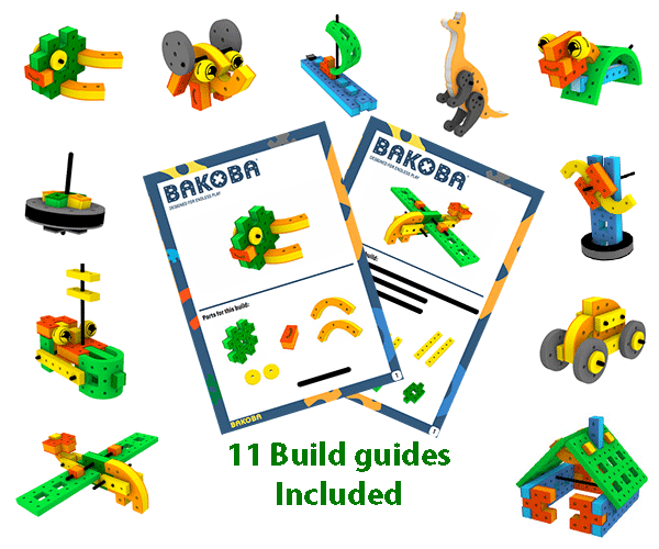 Step-by-step laminated building guides with colorful diagrams to construct creative shapes and models using Creative Box blocks.