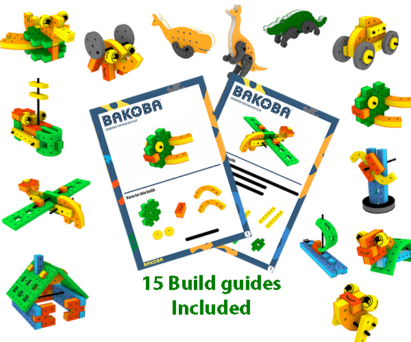 Step-by-step laminated building guides with colorful diagrams to build castles, rockets, and vehicles using Creative Mega Box blocks.