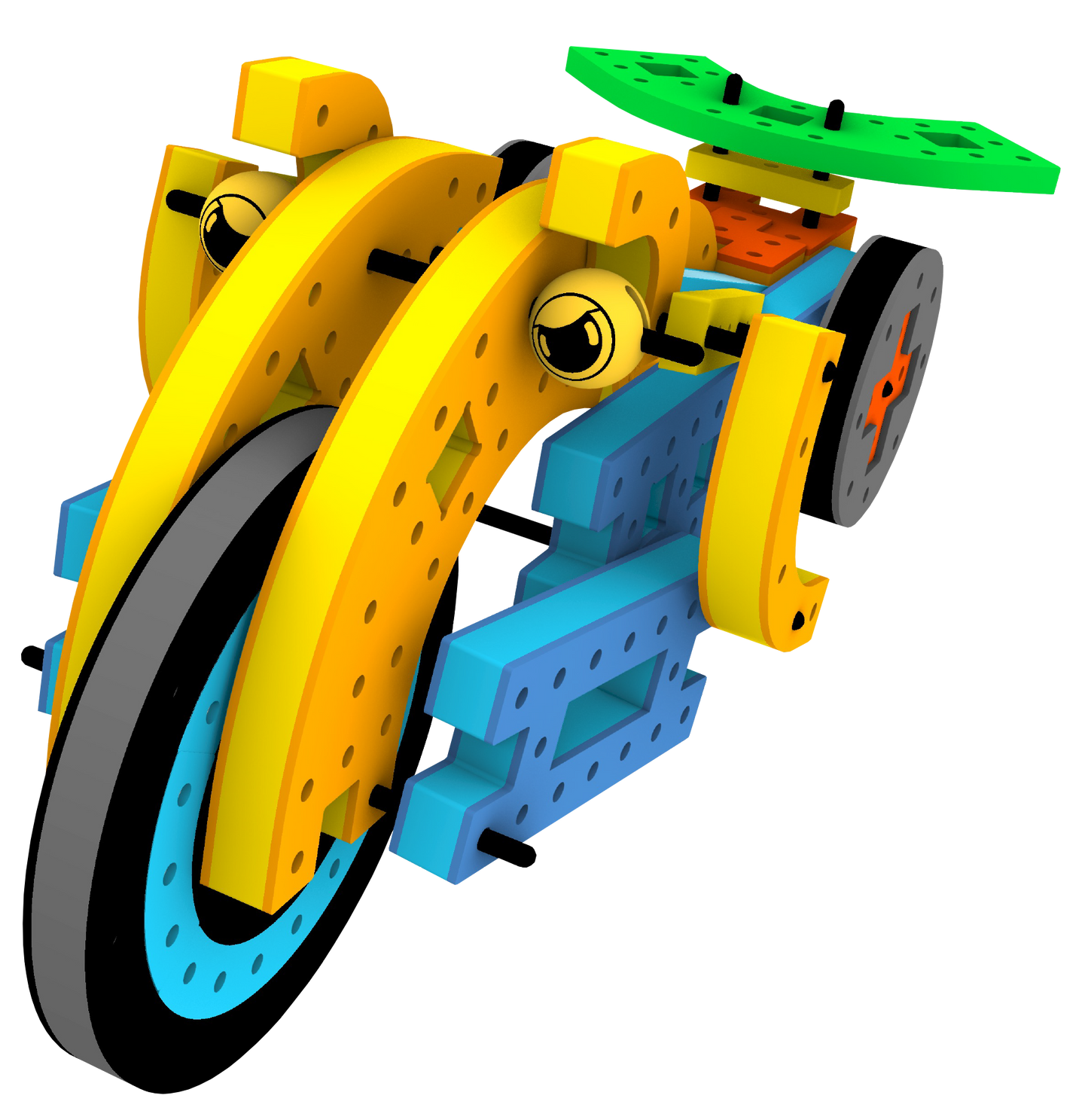 Yellow and blue BAKOBA giant motorcycle toy with green accents, cartoon eyes, and large black wheels.