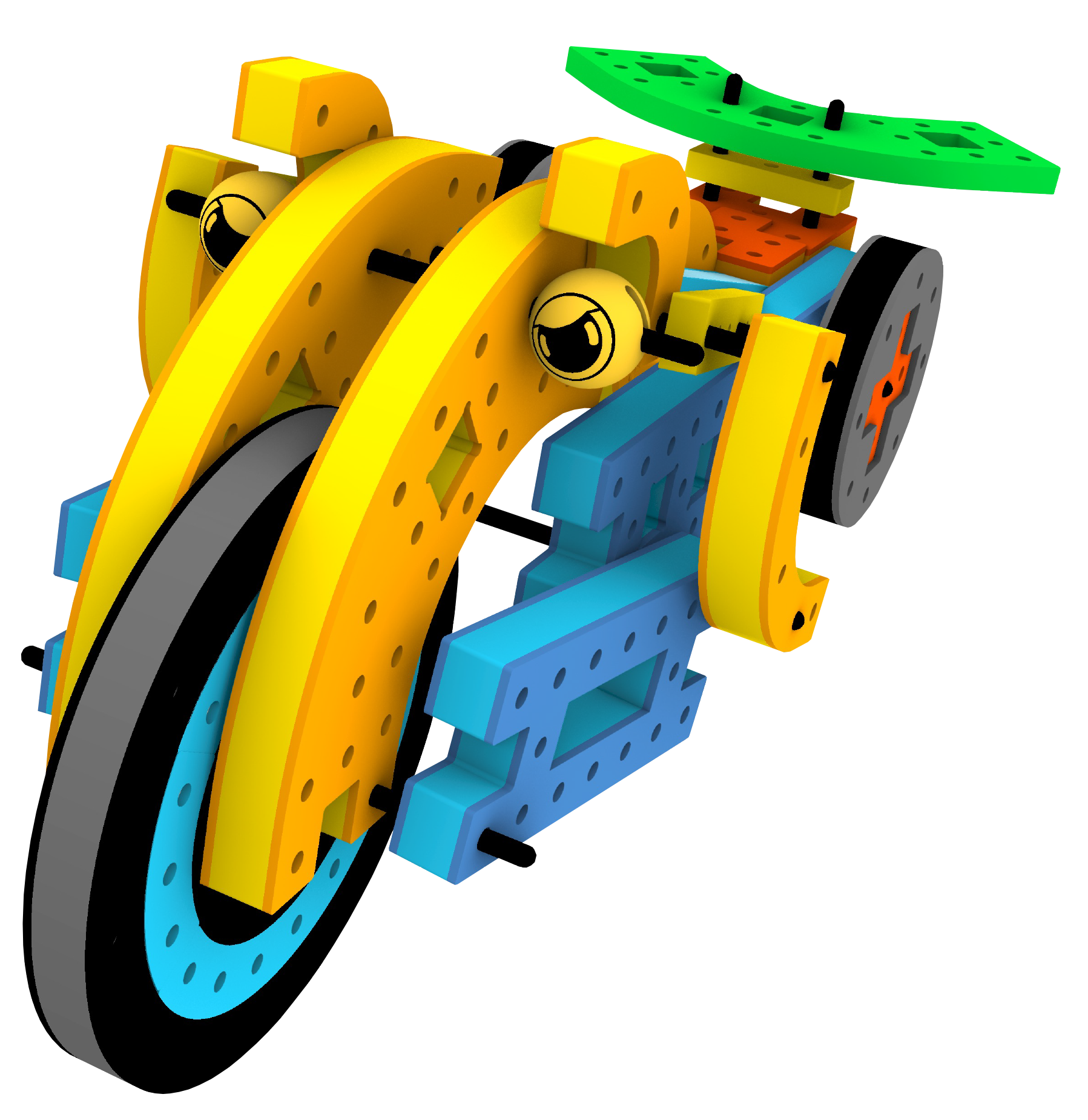 Yellow and blue BAKOBA giant motorcycle toy with green accents, cartoon eyes, and large black wheels.