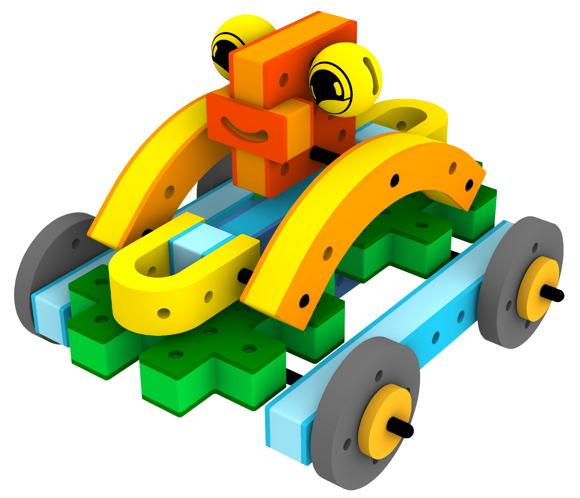 Cheerful BAKOBA Adventure Range happy drive car made from soft, waterproof foam blocks with big wheels and a smiley face.
