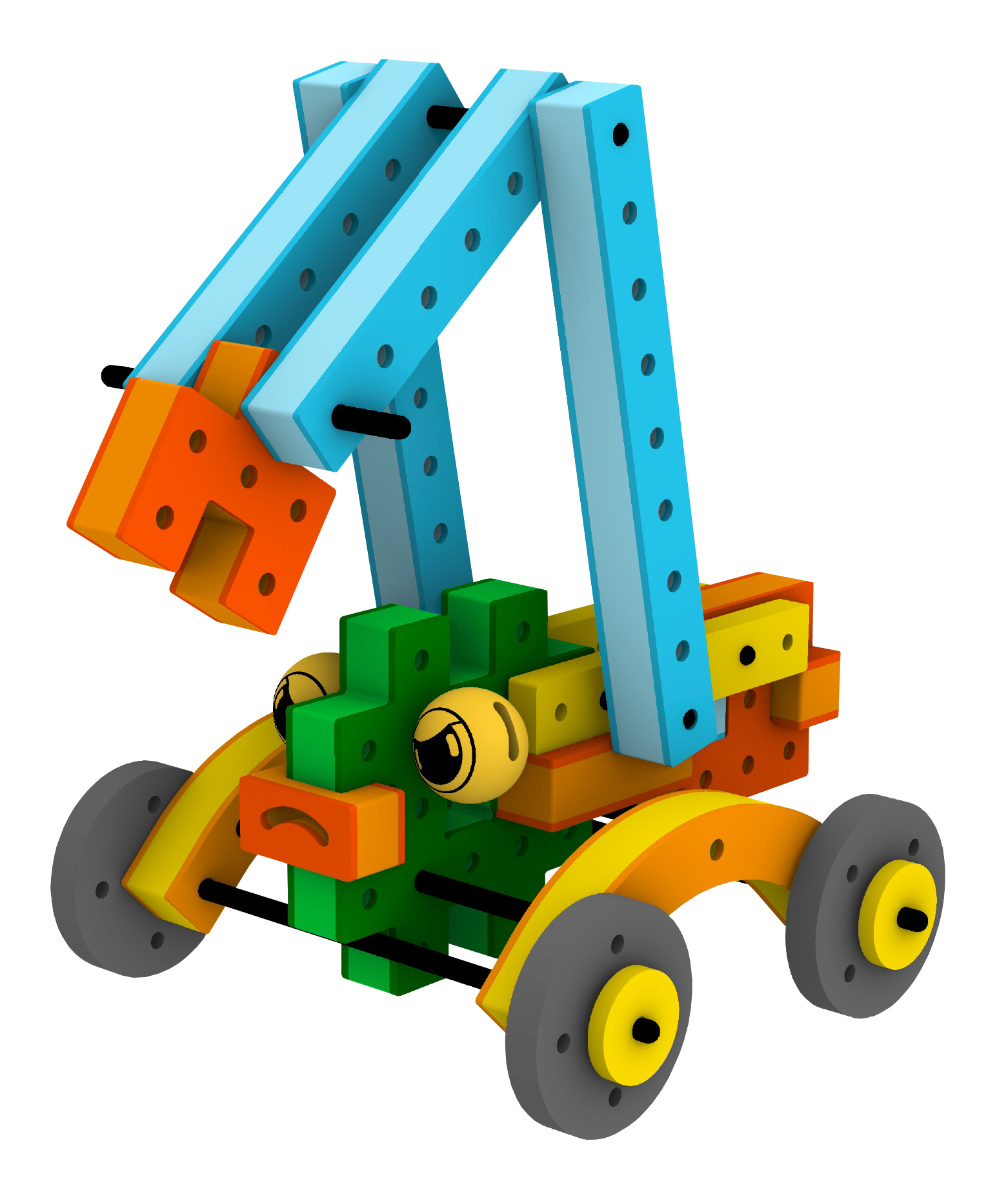 Mad BAKOBA Adventure Range crane car toy built from soft, waterproof foam blocks with a tall, adjustable hoisting arm.
