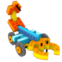 A fierce toy scorpion car vehicle constructed using BAKOBA's resilient, shock-absorbent, and flexible foam building modules.