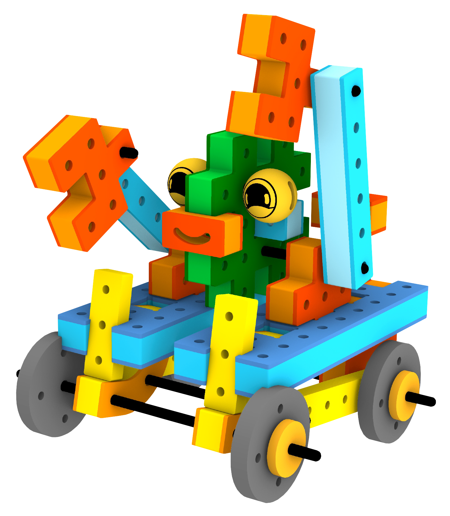 Colourful BAKOBA Adventure Range destroyer car toy built from colourful foam blocks with black wheels and expressive cartoon eyes.