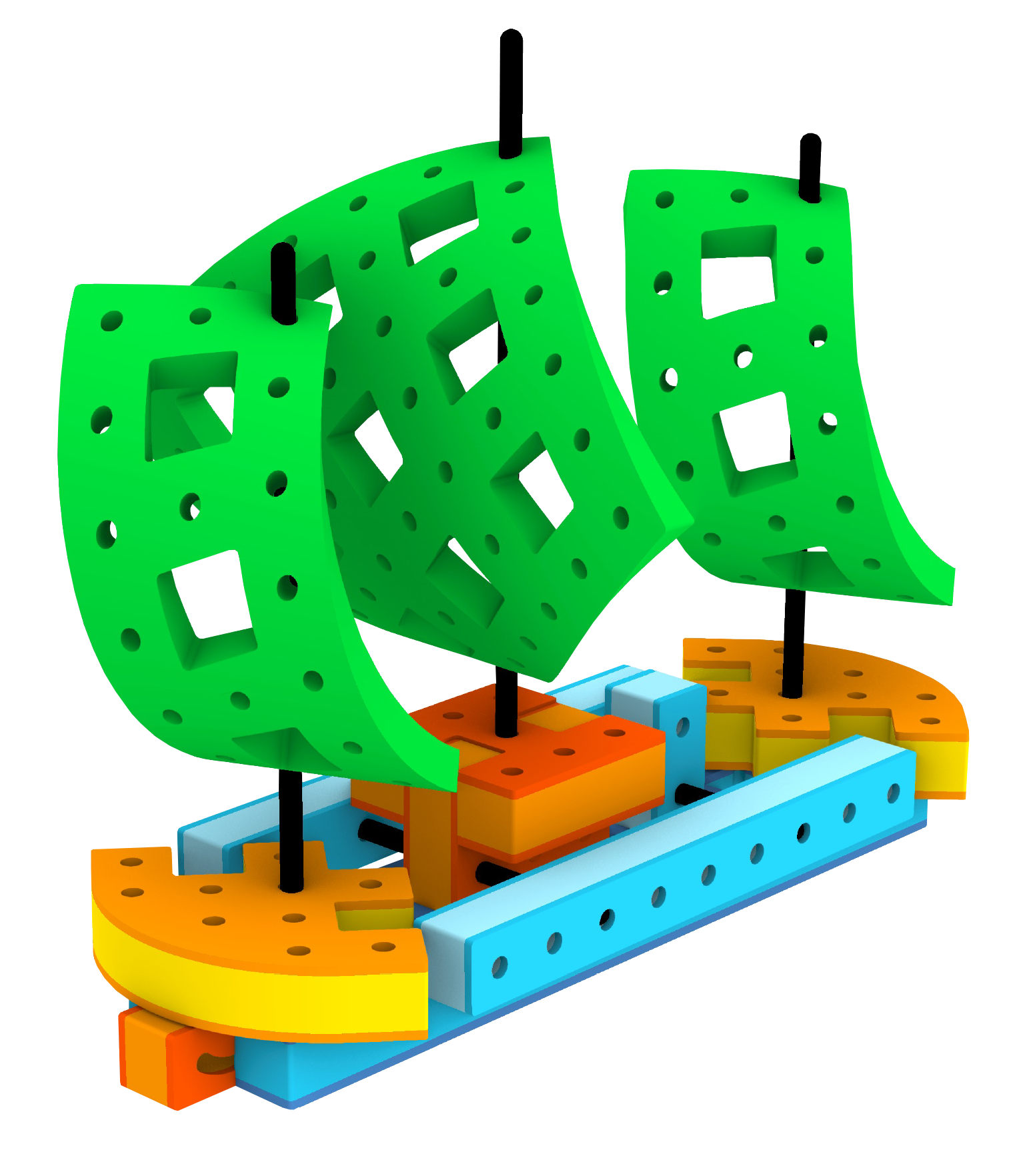 Traditional tribal rain boat with a tall curved bow and mast, constructed from vibrant BAKOBA blocks and connectors.