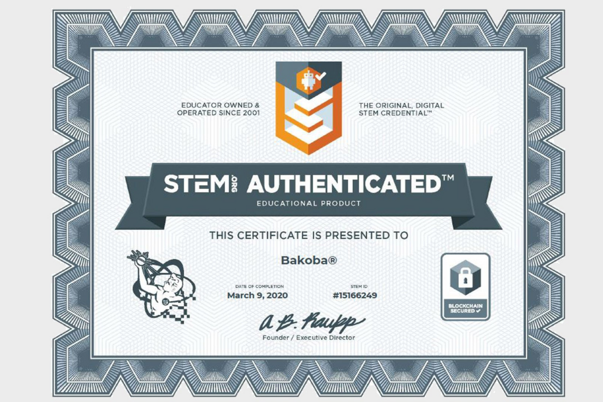 Bakoba STEM authentication certificate verifying the product as an officially approved educational STEM toy.
